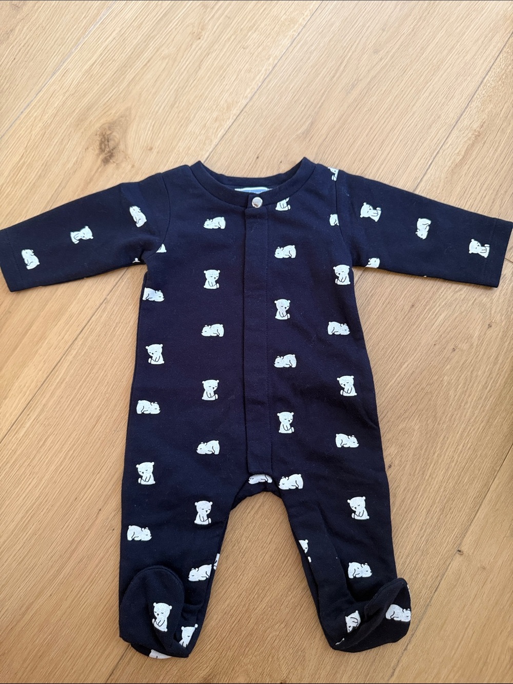 Jacadi Navy Footed Baby One-Piece with White Bear Print